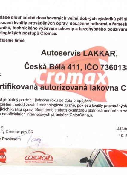 Lakovna Cromax certifikát